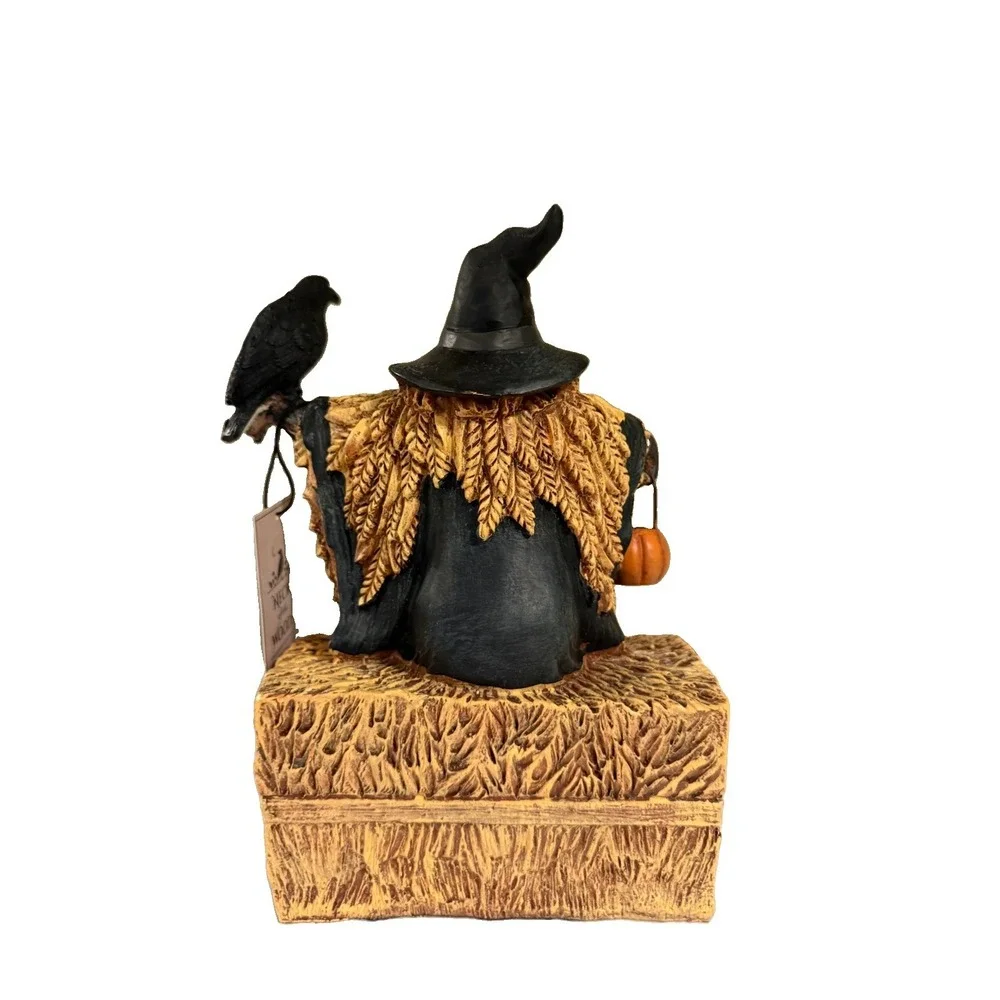 Rustic Halloween Scarecrow w/ Crow on Bale of Hay Pumpkins Figurine 10